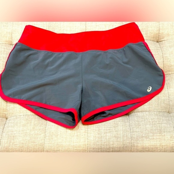 Asics Pants - ASICS Grey and Pink Running Shorts with Back Zipper Pocket - Large EUC